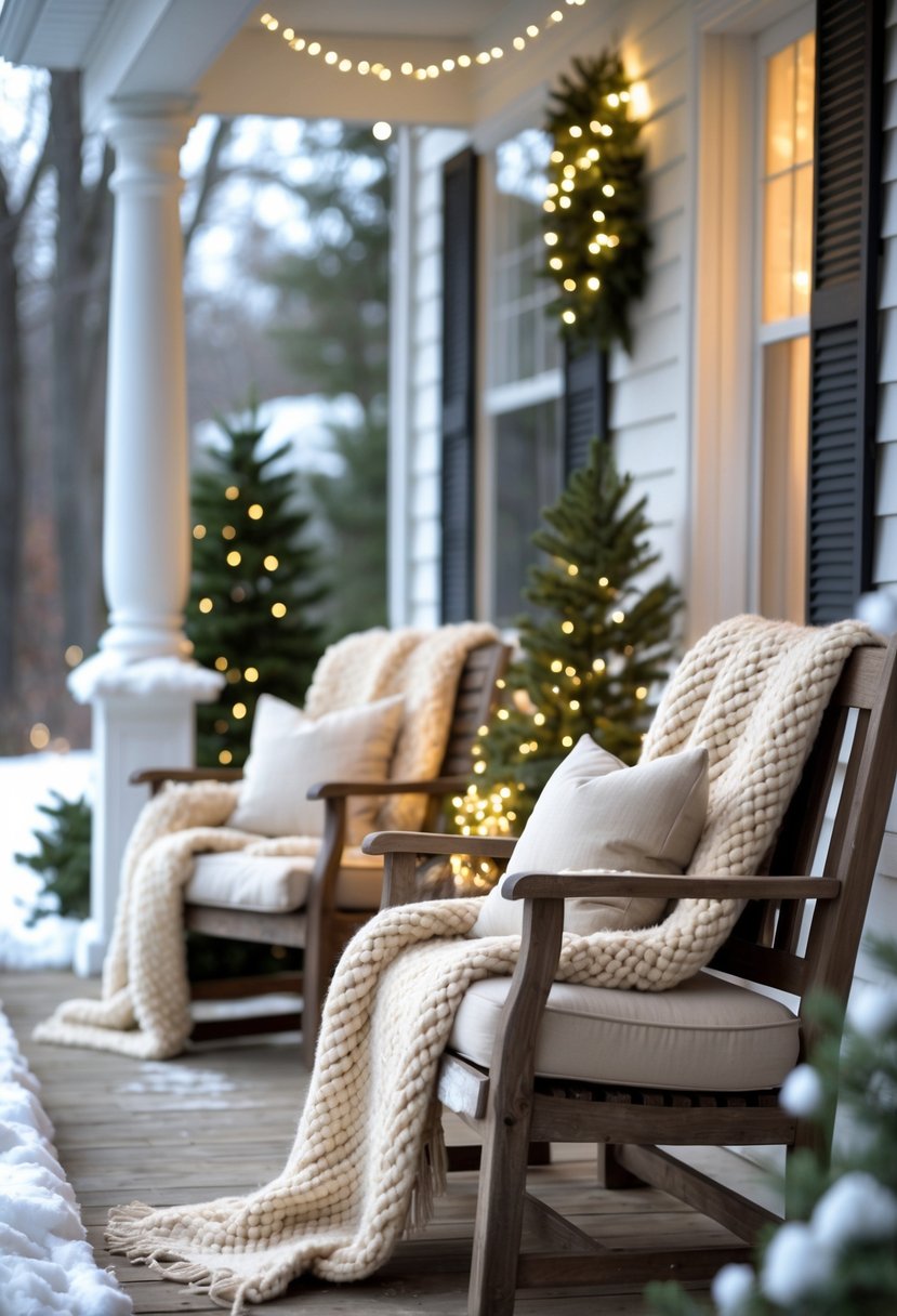 Outdoor front porch with wooden bench and chairs covered in wool blankets, decorated with pine cones and evergreen branches, with soft lighting and light snow on the porch.
